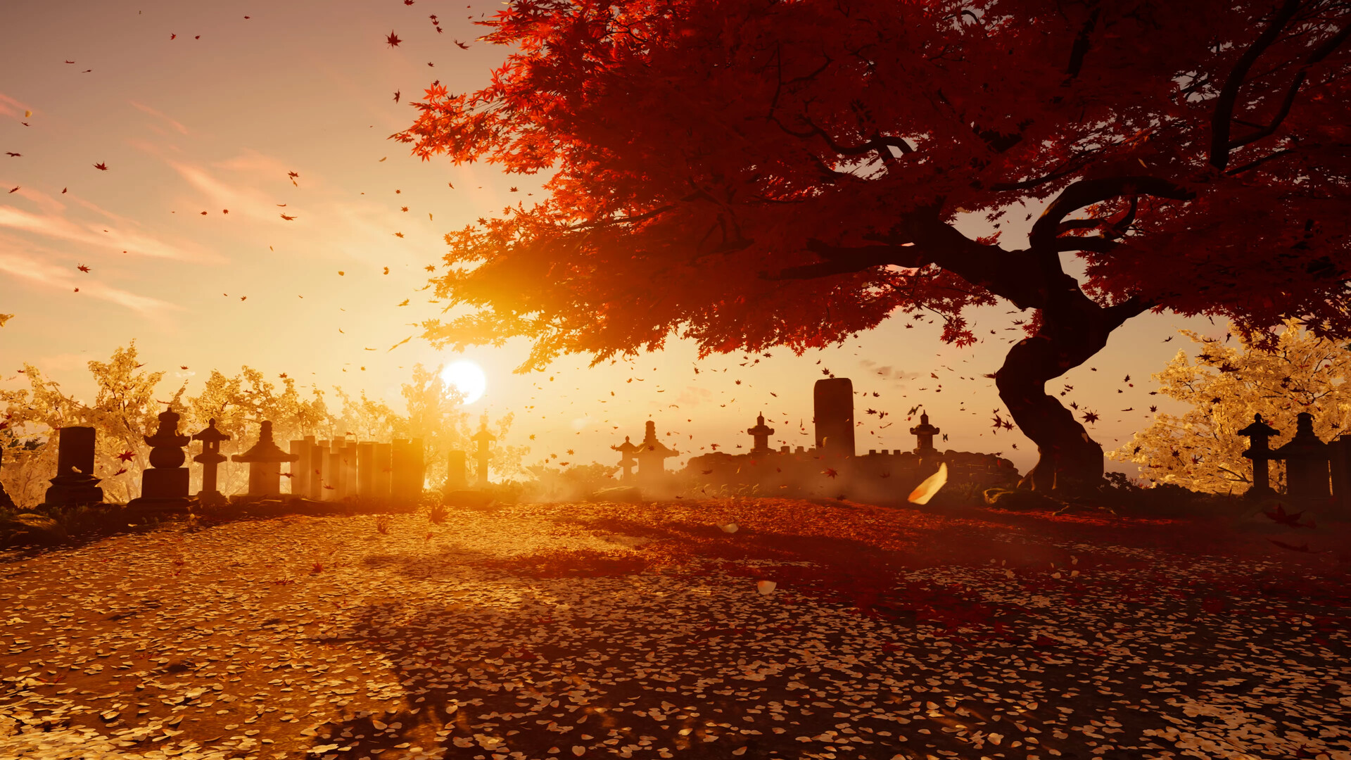 对马岛之魂导演剪辑版 夕阳下红叶飘落的墓地与静谧古树